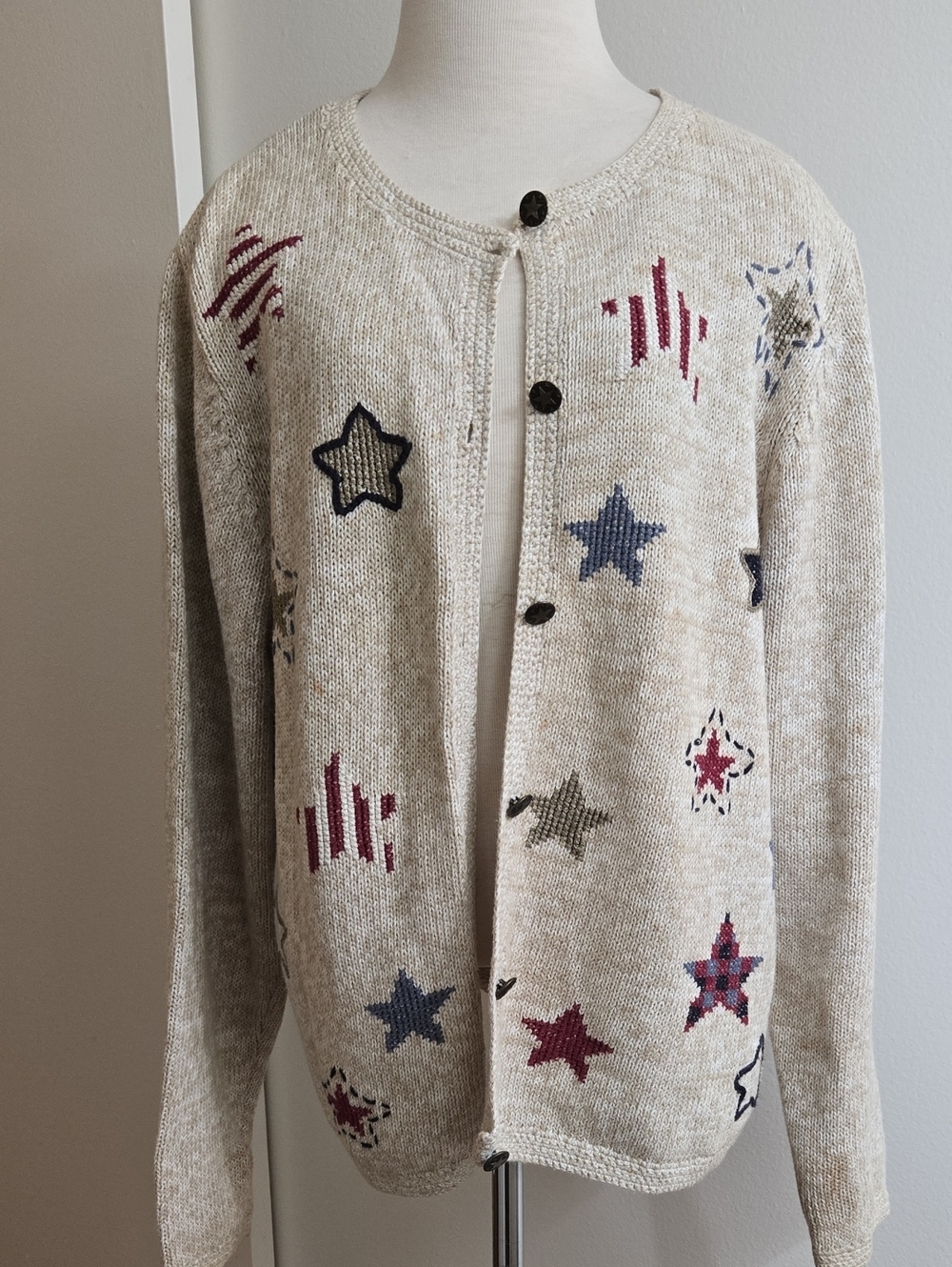 Beige Star Pattern Button Cardigan Sweater